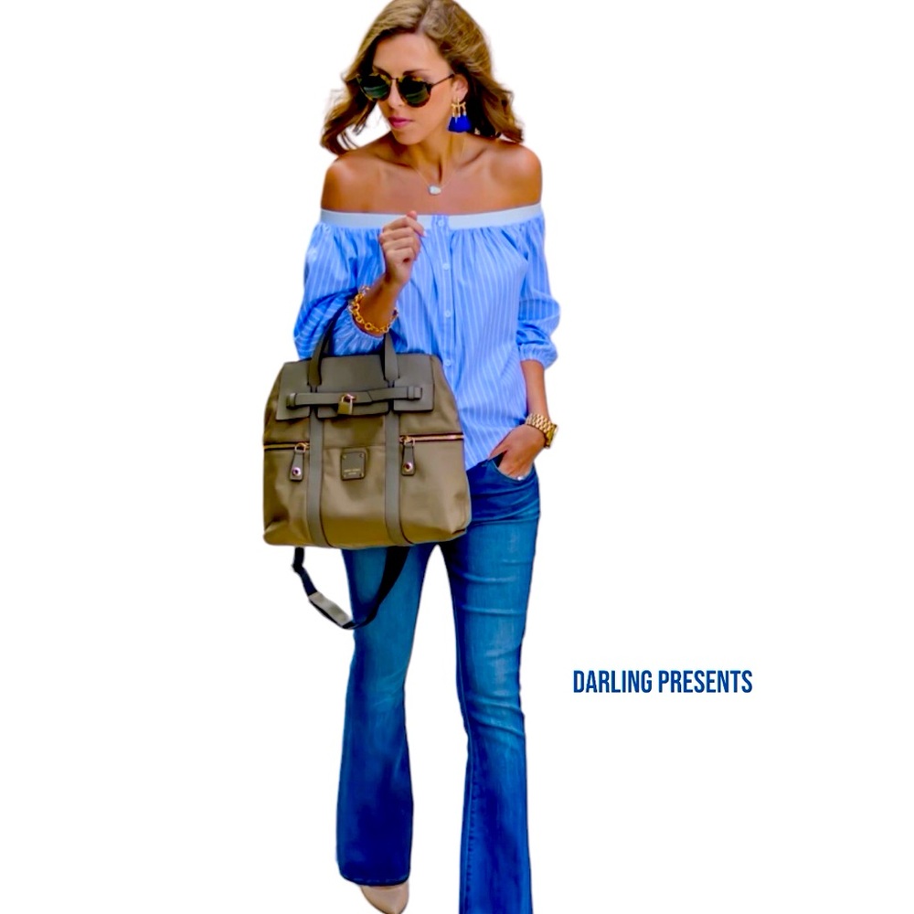 Off Shoulder Pin Stripe Button Down Shirt Women Color Blue & White Size M